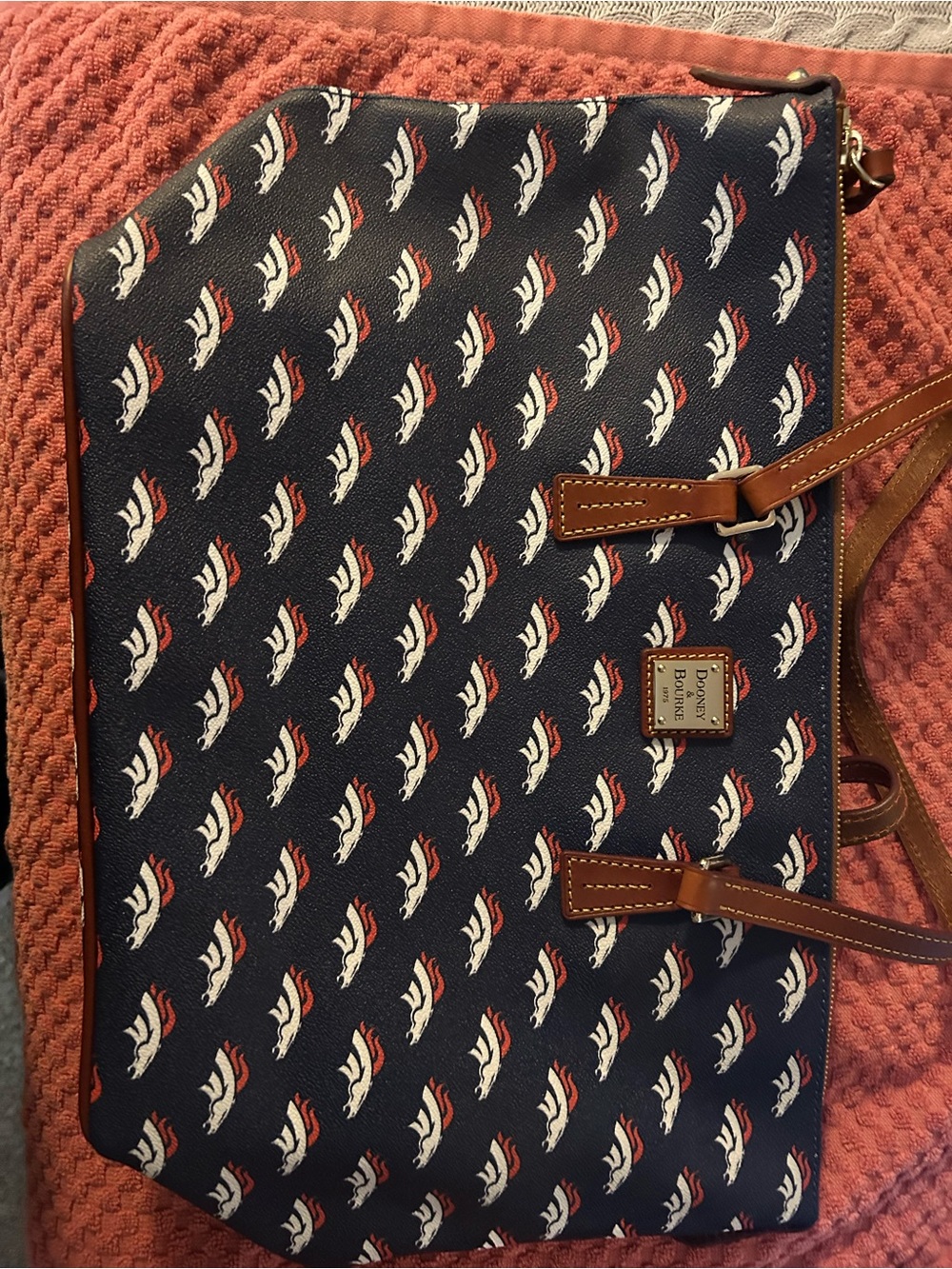 Dooney & Bourke NFL Bronco Tote with White and Red Motif and Brown Leather Trim